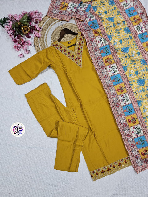 Chanderi Viscose Fabric Embroidered Kurti With Bottom & Dupatta Suit