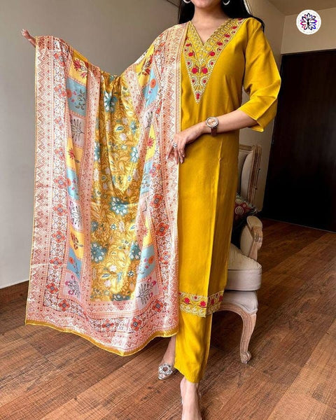 Chanderi Viscose Fabric Embroidered Kurti With Bottom & Dupatta Suit