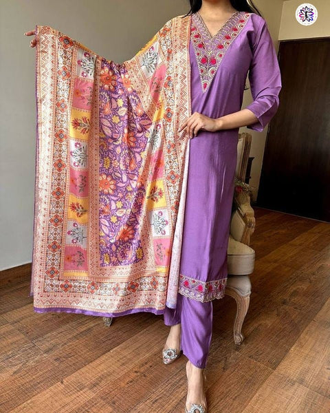 Chanderi Viscose Fabric Embroidered Kurti With Bottom & Dupatta Suit