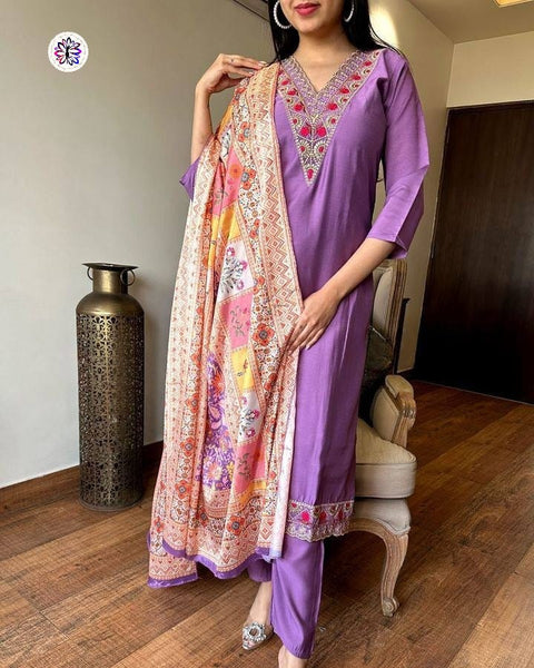 Chanderi Viscose Fabric Embroidered Kurti With Bottom & Dupatta Suit