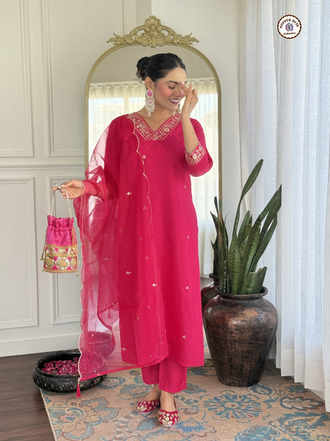 Design Silk Blend Floral Embroidered Regular Kurti Trousers with dupatta