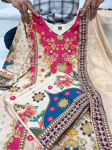 New Designer Collection in Pure chinon silk With Fancy Embroidered Work Stitched Suit
