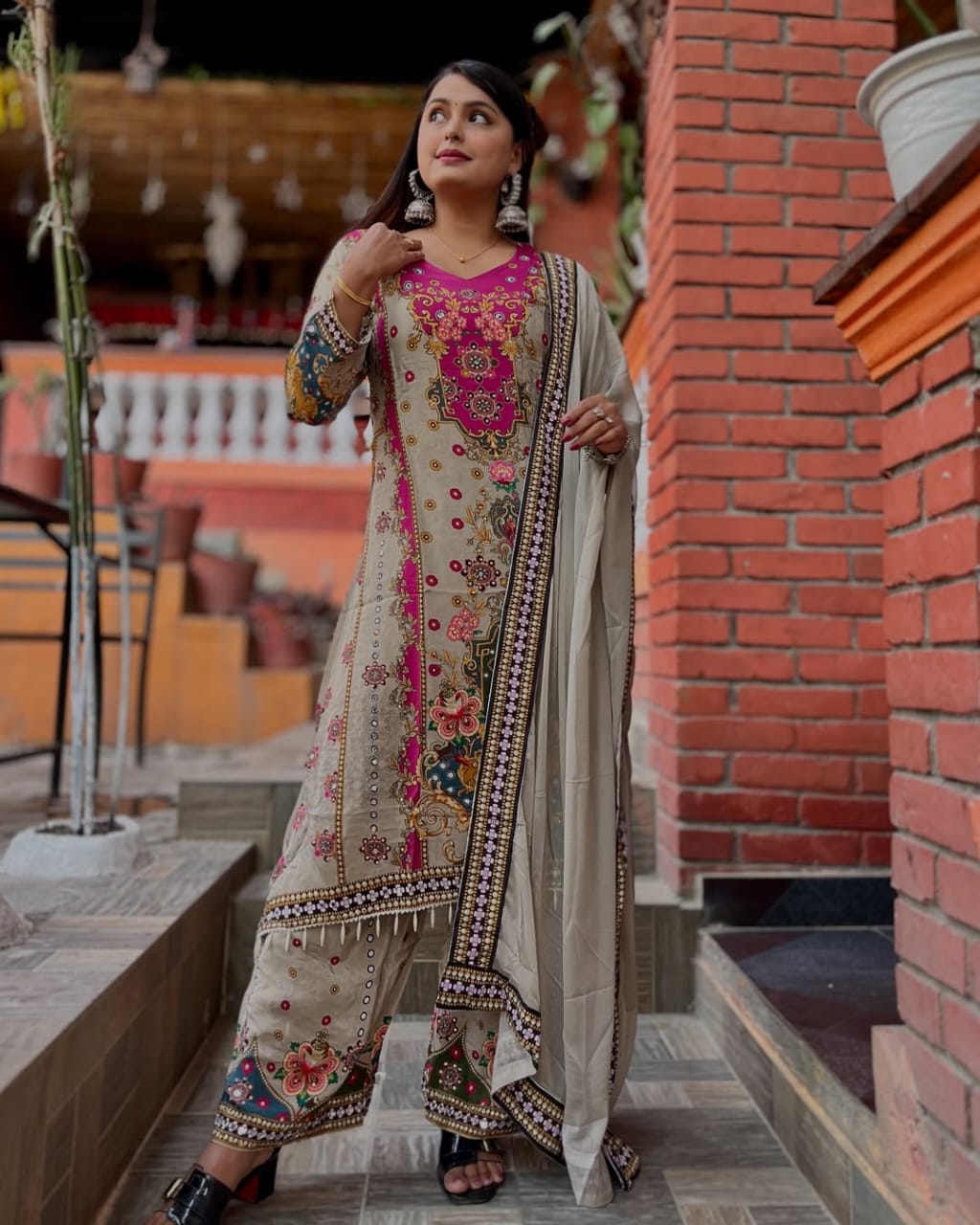 Pure Chinon Silk Sequence Silver Embroidery work Party Wear Kurti Pant Dupatta Set (Stitched) main image 0