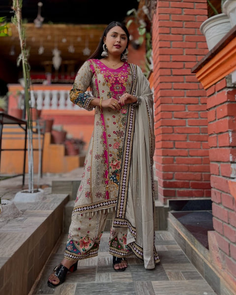 New Designer Collection in Pure chinon silk With Fancy Embroidered Work Stitched Suit