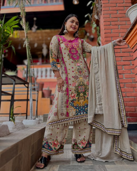 New Designer Collection in Pure chinon silk With Fancy Embroidered Work Stitched Suit