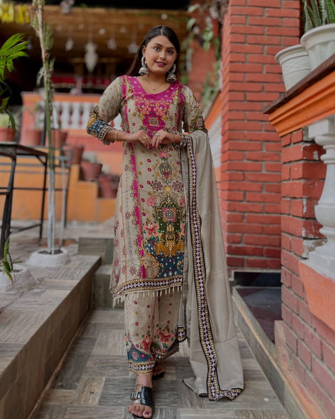 New Designer Collection in Pure chinon silk With Fancy Embroidered Work Stitched Suit