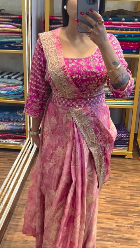 Trending Embroidery & Sequence Work Ready-to-wear Apple Organza Saree