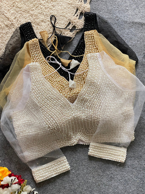 Handmade Gorgeous Bead Blouse in Gold and Passel Combo for Partywear