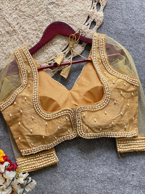 Handmade Gorgeous Bead Blouse in Gold and Passel Combo for Partywear