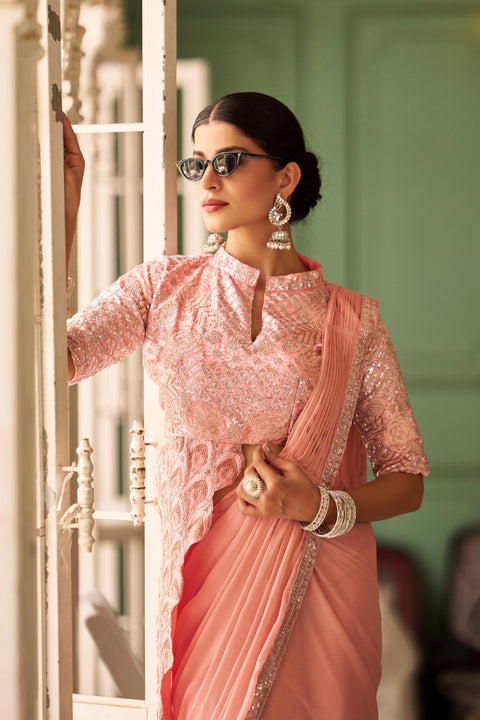 Georgette Embroidered Lace Ready to Wear Saree