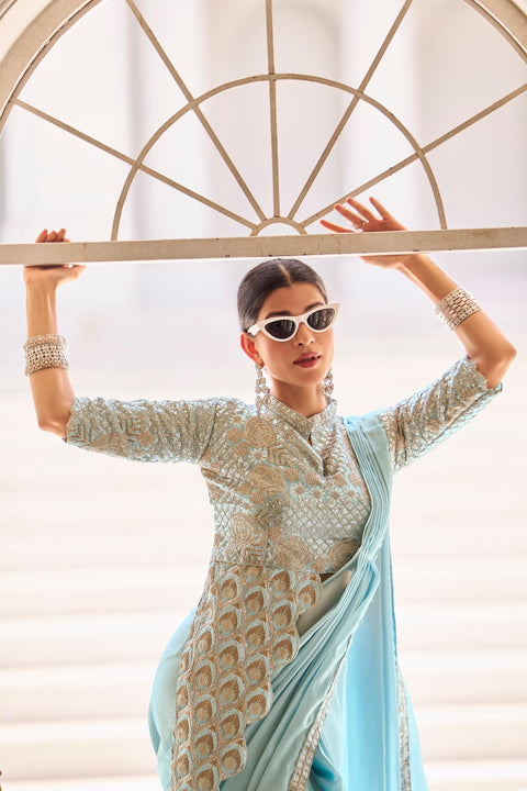 Georgette Embroidered Lace Ready to Wear Saree