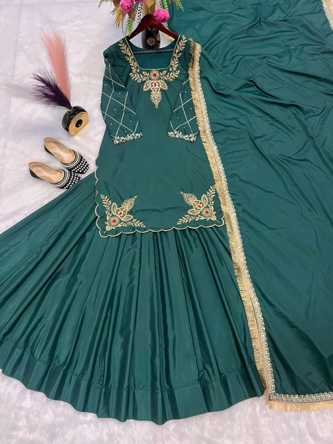Natural Crepe Silk Kurti Lehenga with Sequin Detailing and Fancy Lace Dupatta