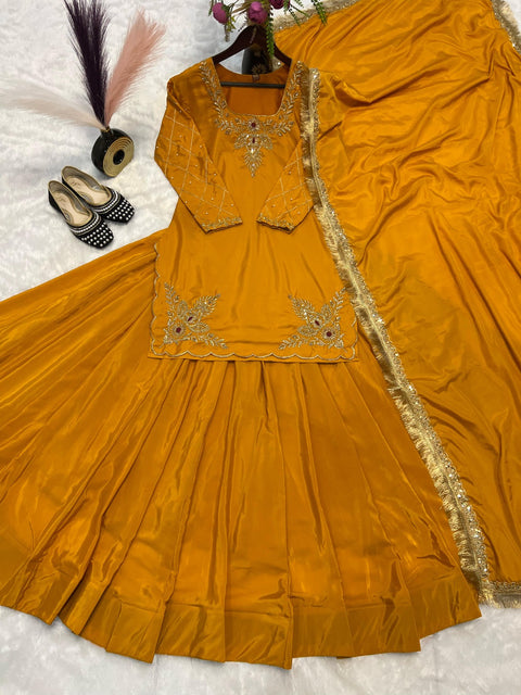 Natural Crepe Silk Kurti Lehenga with Sequin Detailing and Fancy Lace Dupatta