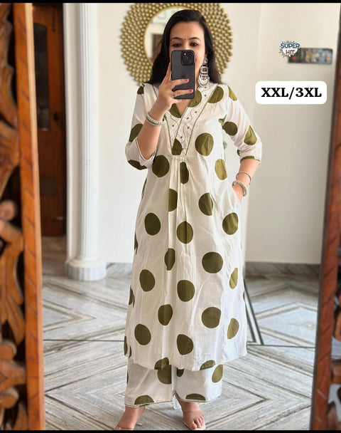 cotton A-Line kurti style, Paired with same printed cotton suit