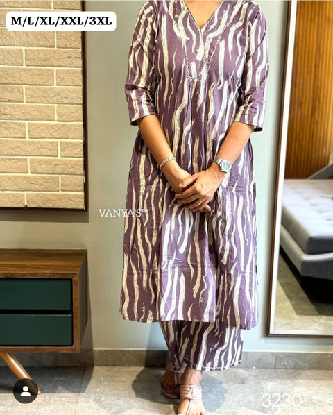 cotton A-Line kurti style, Paired with same printed cotton suit