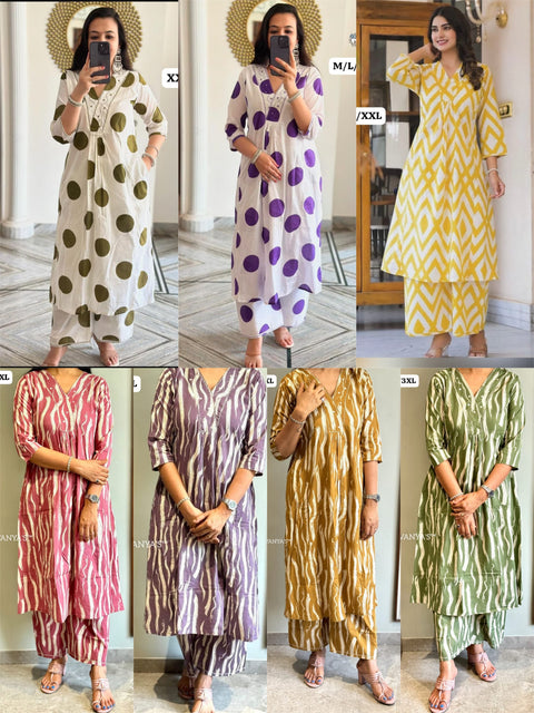 cotton A-Line kurti style, Paired with same printed cotton suit