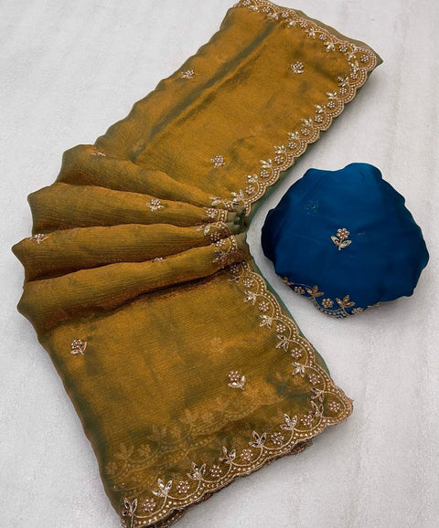 Rajasthani Jaipuri Nazneen Chiffon Chanderi Moti Work Saree
