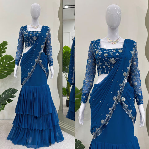 Chinon Crushed Saree With Heavy Embroidery Sequins Work Blouse