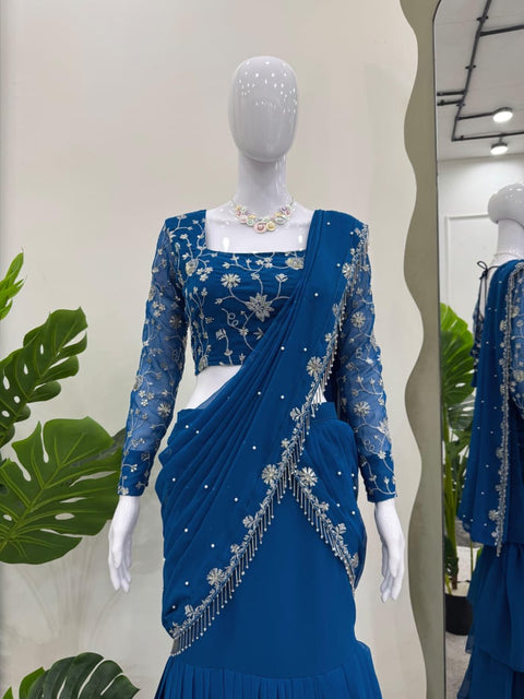 Chinon Crushed Saree With Heavy Embroidery Sequins Work Blouse
