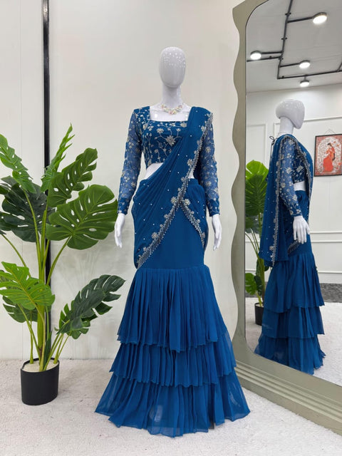 Chinon Crushed Saree With Heavy Embroidery Sequins Work Blouse