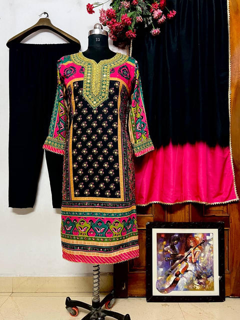 Printed&Embroidered Kurti and Pant suit with Dupatta/Buy Embroidered WORK