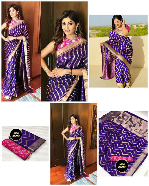 Fashion Womens Jacquard Banarasi Silk Heavy Stripe Leheriya Printed And Heavy Border Party Wedding Saree