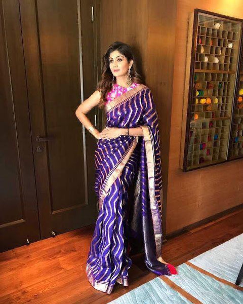 Fashion Womens Jacquard Banarasi Silk Heavy Stripe Leheriya Printed And Heavy Border Party Wedding Saree
