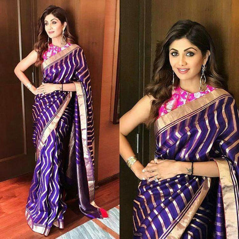 Fashion Womens Jacquard Banarasi Silk Heavy Stripe Leheriya Printed And Heavy Border Party Wedding Saree