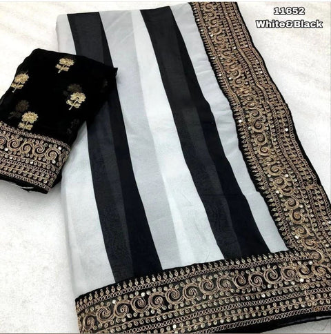 Dimitra Glamorous Embroidered Striped Viscose Crepe Silk Saree