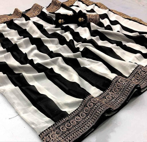 Dimitra Glamorous Embroidered Striped Viscose Crepe Silk Saree