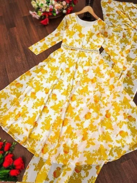 Printed Georgette Anarkali Kurti With Attached Dupatta