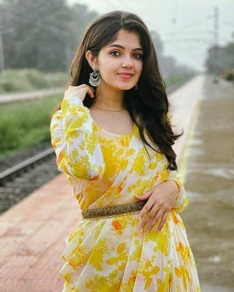 Printed Georgette Anarkali Kurti With Attached Dupatta