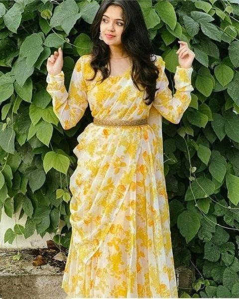 Printed Georgette Anarkali Kurti With Attached Dupatta