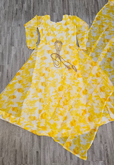 Printed Georgette Anarkali Kurti With Attached Dupatta
