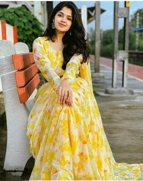 Printed Georgette Anarkali Kurti With Attached Dupatta