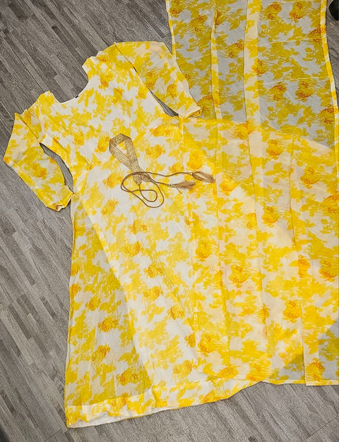 Printed Georgette Anarkali Kurti With Attached Dupatta