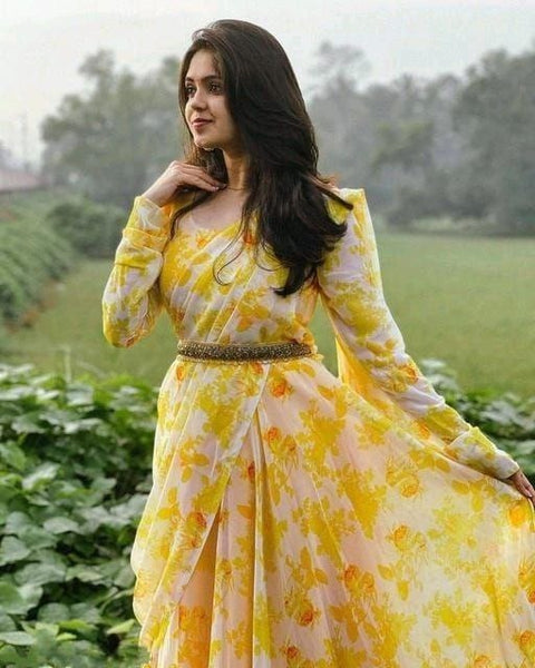 Printed Georgette Anarkali Kurti With Attached Dupatta