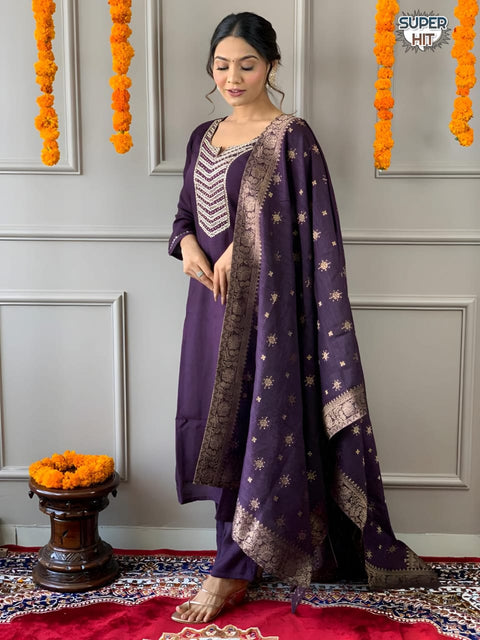 chanderi silk Embroderid Work Kurti , Pant And Dupatta