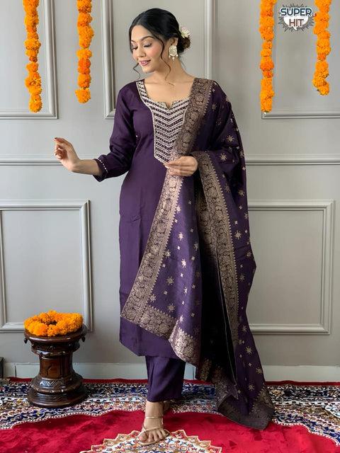 chanderi silk Embroderid Work Kurti , Pant And Dupatta
