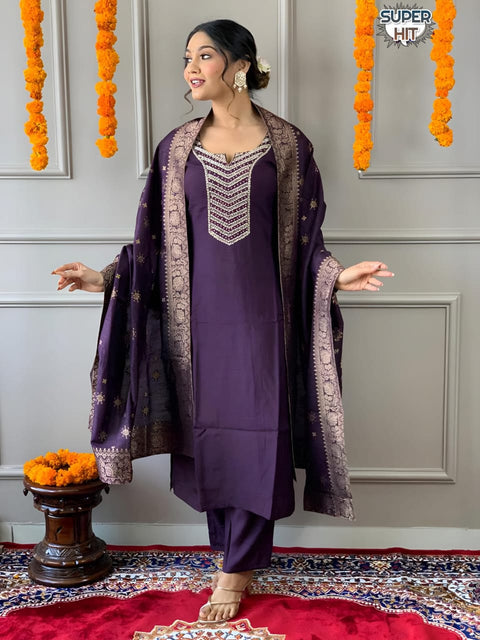 chanderi silk Embroderid Work Kurti , Pant And Dupatta