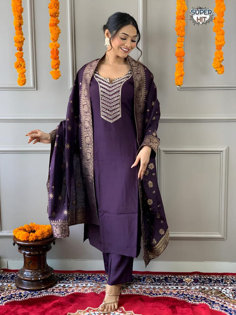 chanderi silk Embroderid Work Kurti , Pant And Dupatta