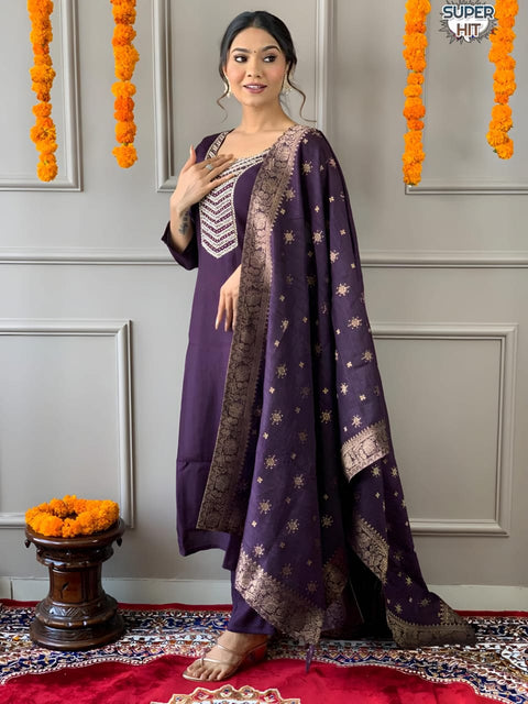 chanderi silk Embroderid Work Kurti , Pant And Dupatta