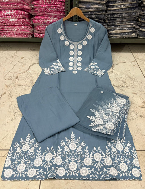 Indo Era Women Floral Embroidered Regular Thread Work Kurta with Trousers & dupatta