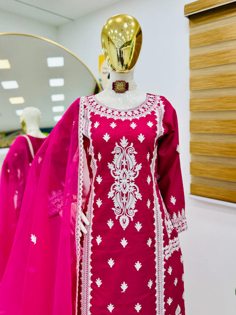 Rayon Embroidered Kurti, Pant with Dupatta Suit