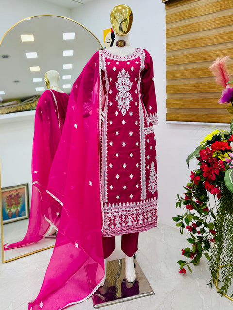 Rayon Embroidered Kurti, Pant with Dupatta Suit