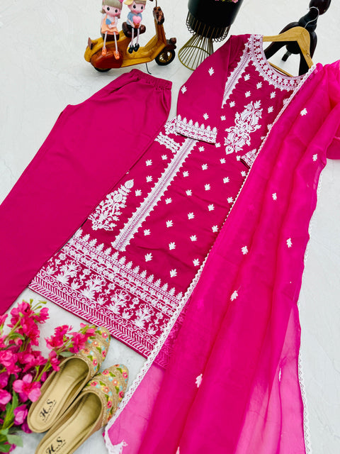 Rayon Embroidered Kurti, Pant with Dupatta Suit