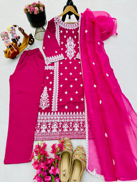 Rayon Embroidered Kurti, Pant with Dupatta Suit