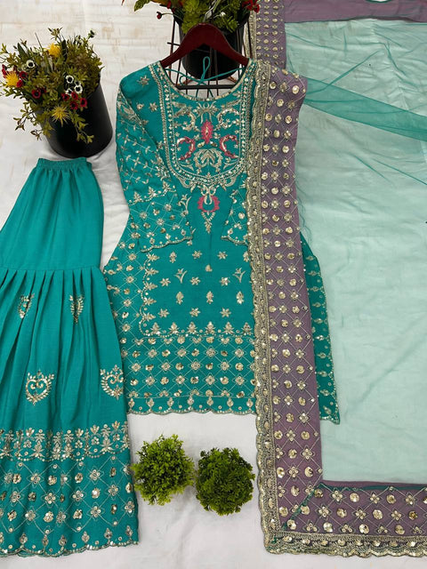 New Designer Party Wear Look Top-Plazzo and Dupatta With Heavy Embroidery Work