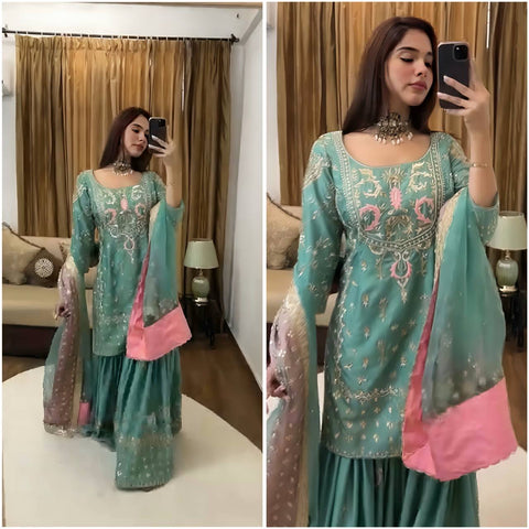 New Designer Party Wear Look Top-Plazzo and Dupatta With Heavy Embroidery Work
