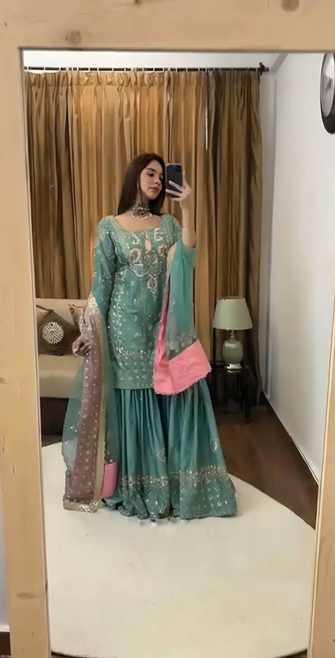 New Designer Party Wear Look Top-Plazzo and Dupatta With Heavy Embroidery Work